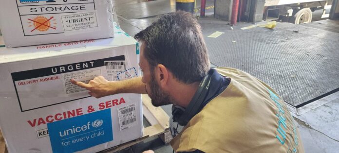 Um membro da equipe do UNICEF verifica uma remessa de vacinas contra a pólio destinada a Gaza. Um membro da equipe do UNICEF verifica uma remessa de vacinas contra a pólio destinada a Gaza.
